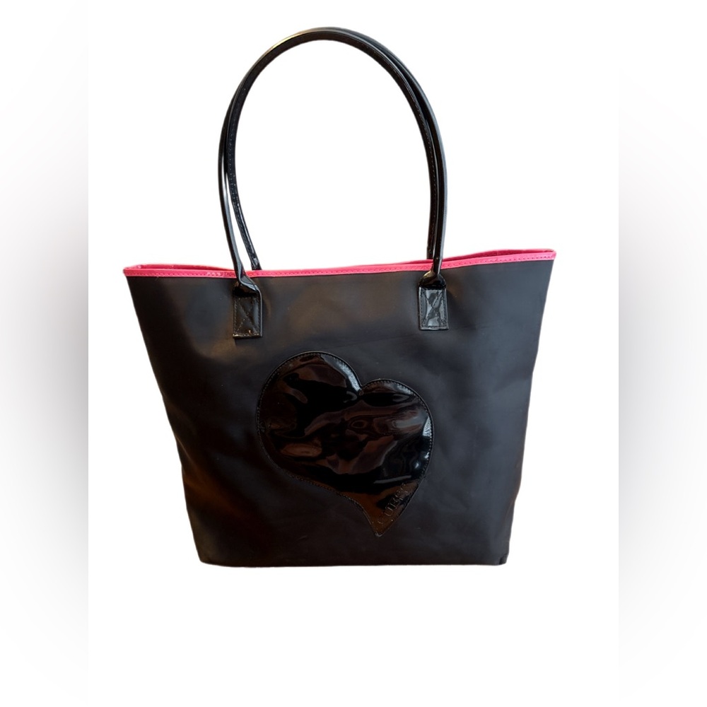 Guess Black Tote with Pink Trim and Heart Accent